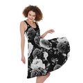 Black White Rose Floral Pattern Print Sleeveless Knee Length Dress