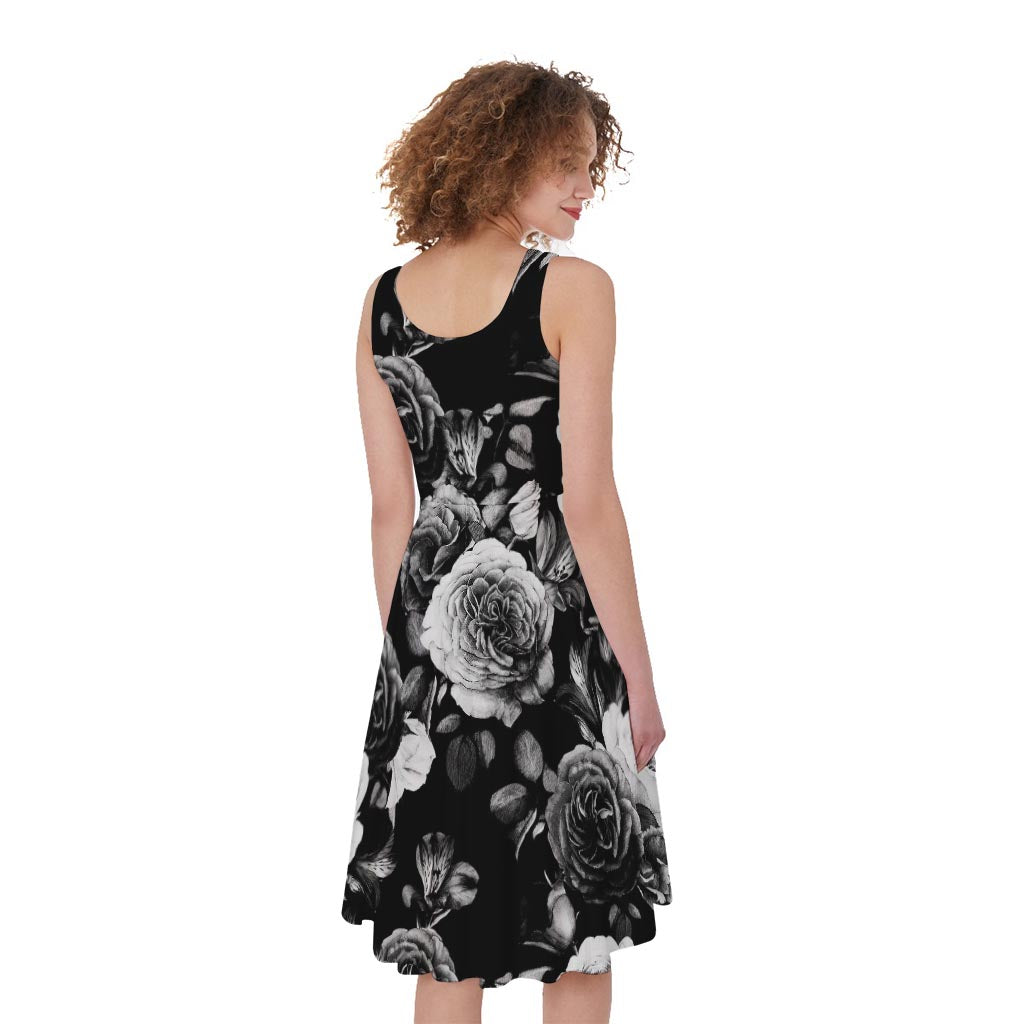 Black White Rose Floral Pattern Print Women's Sleeveless Dress