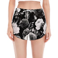 Black White Rose Floral Pattern Print Women's Split Running Shorts