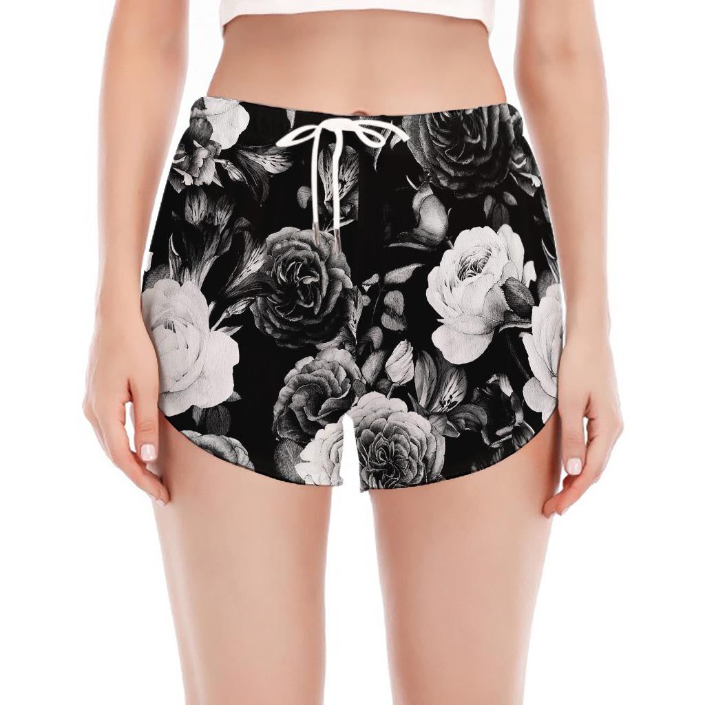 Black White Rose Floral Pattern Print Women's Split Running Shorts