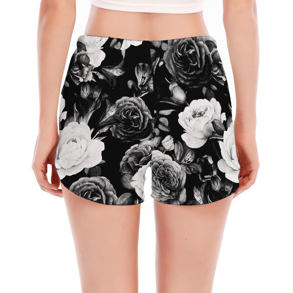 Black White Rose Floral Pattern Print Women's Split Running Shorts