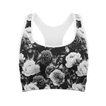Black White Rose Floral Pattern Print Women's Sports Bra