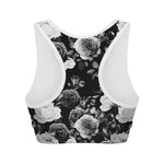 Black White Rose Floral Pattern Print Women's Sports Bra