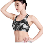 Black White Rose Floral Pattern Print Women's Sports Bra