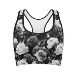 Black White Rose Floral Pattern Print Women's Sports Bra