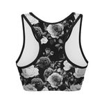 Black White Rose Floral Pattern Print Women's Sports Bra
