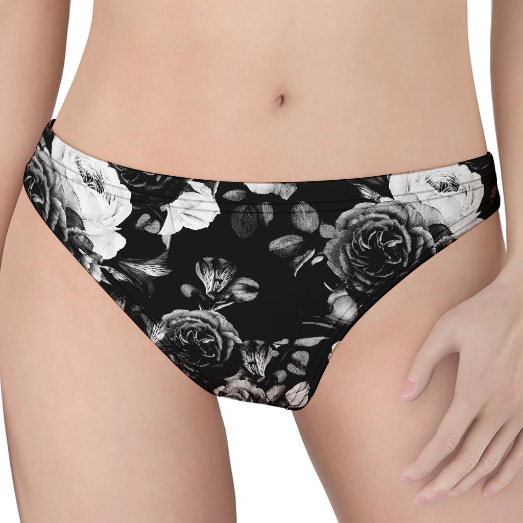 Black White Rose Floral Pattern Print Women's Thong