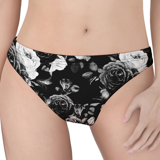 Black White Rose Floral Pattern Print Women's Thong