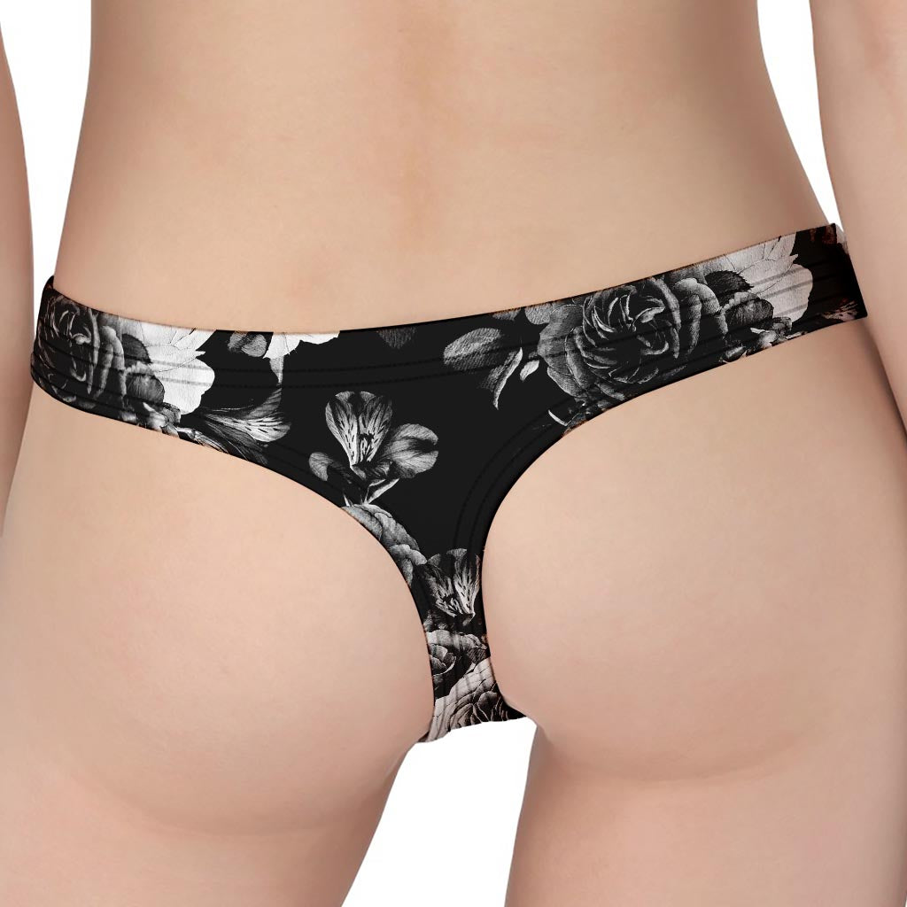 Black White Rose Floral Pattern Print Women's Thong