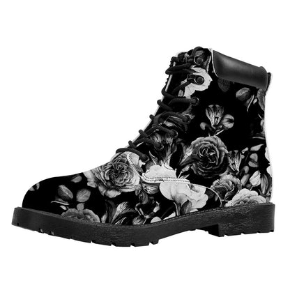 Black White Rose Floral Pattern Print Work Boots