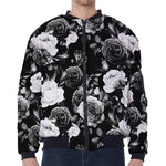 Black White Rose Floral Pattern Print Zip Sleeve Bomber Jacket
