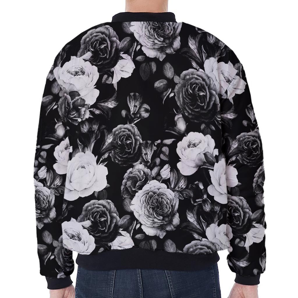 Black White Rose Floral Pattern Print Zip Sleeve Bomber Jacket