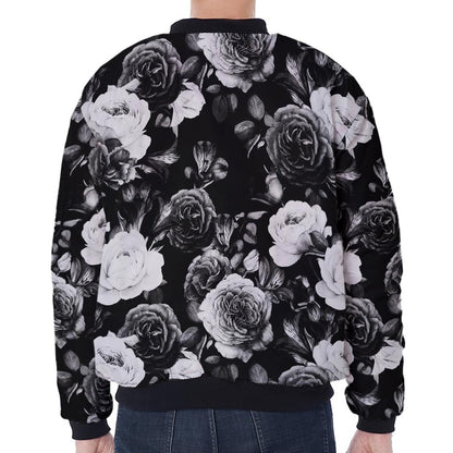 Black White Rose Floral Pattern Print Zip Sleeve Bomber Jacket