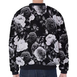 Black White Rose Floral Pattern Print Zip Sleeve Bomber Jacket