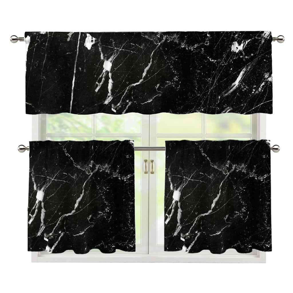 Black White Scratch Marble Print 3 Piece Kitchen Curtains