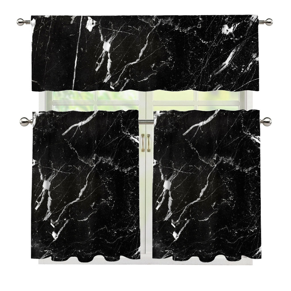 Black White Scratch Marble Print 3 Piece Kitchen Curtains