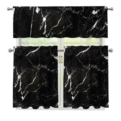 Black White Scratch Marble Print 3 Piece Kitchen Curtains