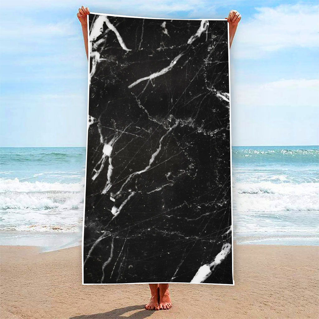 Black White Scratch Marble Print Beach Towel