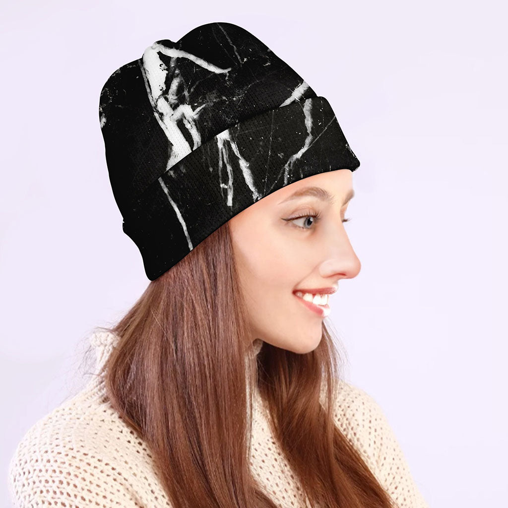 Black White Scratch Marble Print Beanie