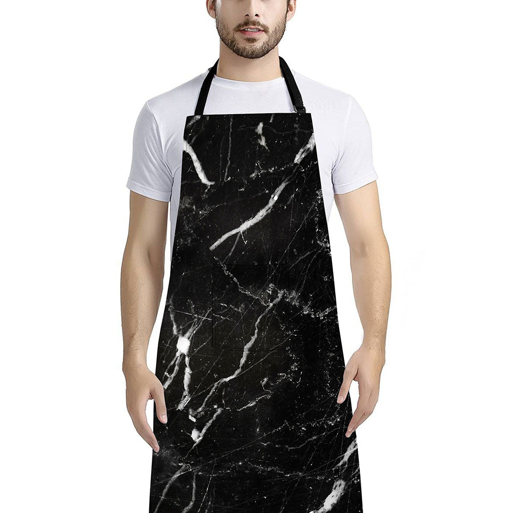 Black White Scratch Marble Print Bib Apron With Pocket