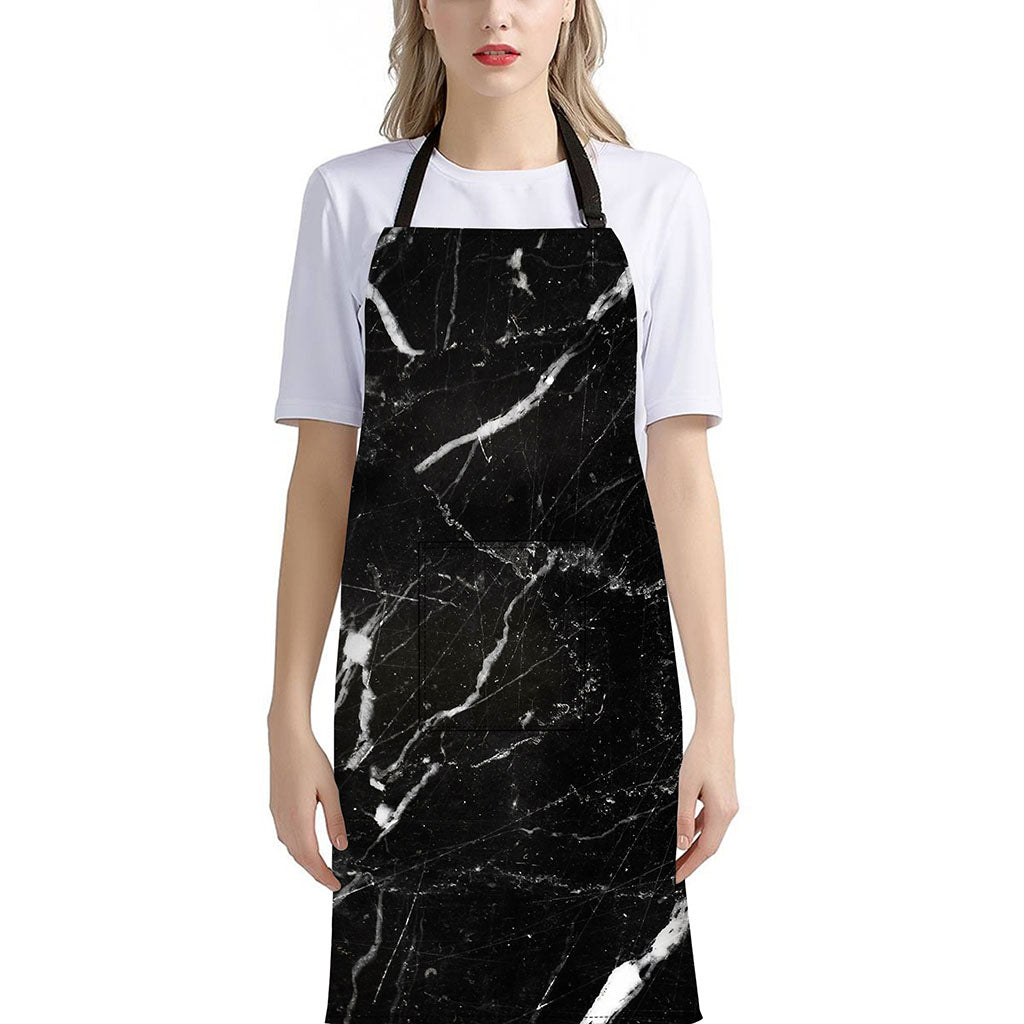Black White Scratch Marble Print Bib Apron With Pocket