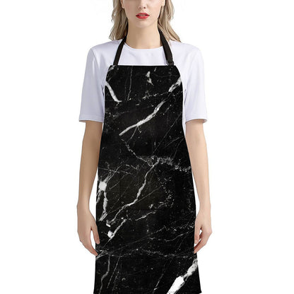 Black White Scratch Marble Print Bib Apron With Pocket