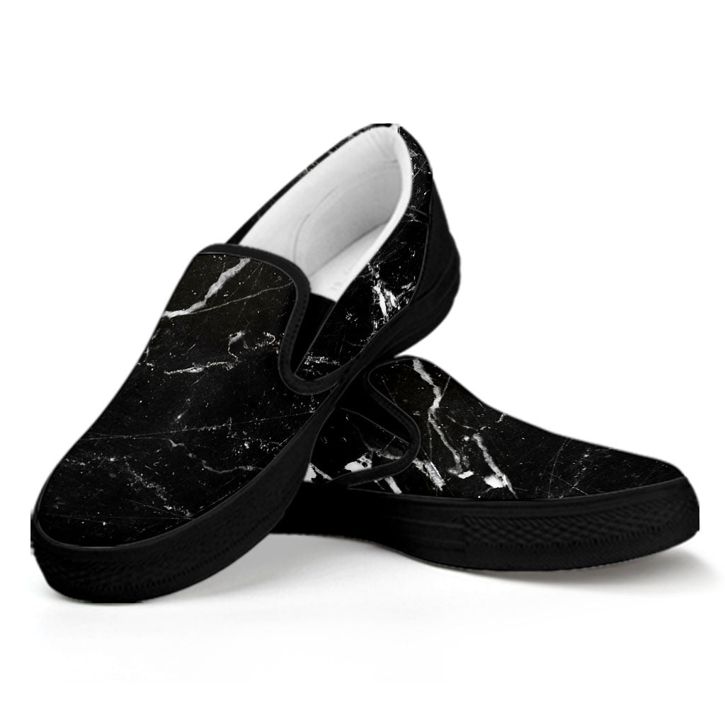 Black White Scratch Marble Print Black Slip On Sneakers