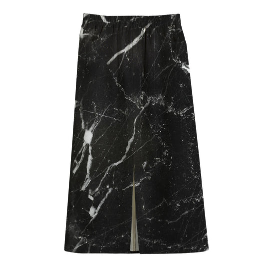 Black White Scratch Marble Print Cotton Front Slit Maxi Skirt