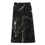 Black White Scratch Marble Print Cotton Front Slit Maxi Skirt