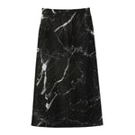Black White Scratch Marble Print Cotton Front Slit Maxi Skirt