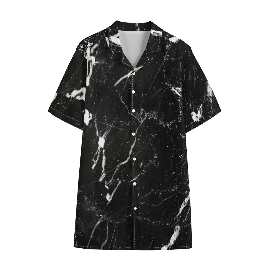 Black White Scratch Marble Print Cotton Hawaiian Shirt