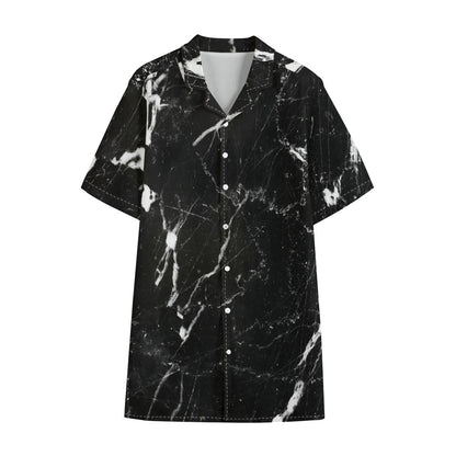 Black White Scratch Marble Print Cotton Hawaiian Shirt