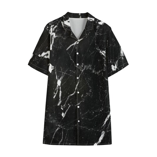 Black White Scratch Marble Print Cotton Hawaiian Shirt