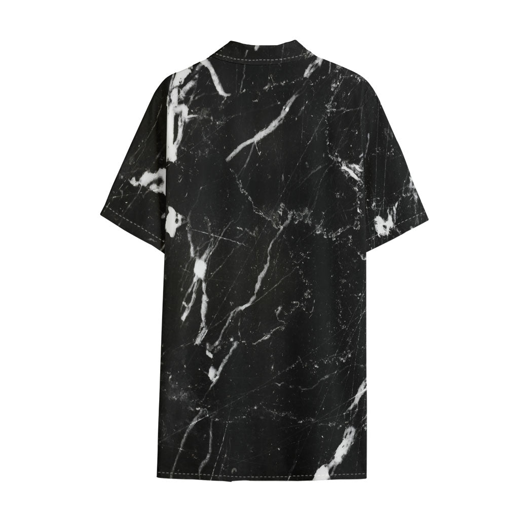 Black White Scratch Marble Print Cotton Hawaiian Shirt