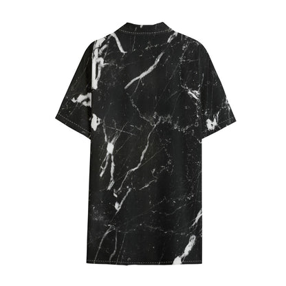 Black White Scratch Marble Print Cotton Hawaiian Shirt