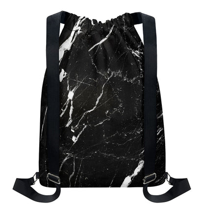 Black White Scratch Marble Print Drawstring Backpack