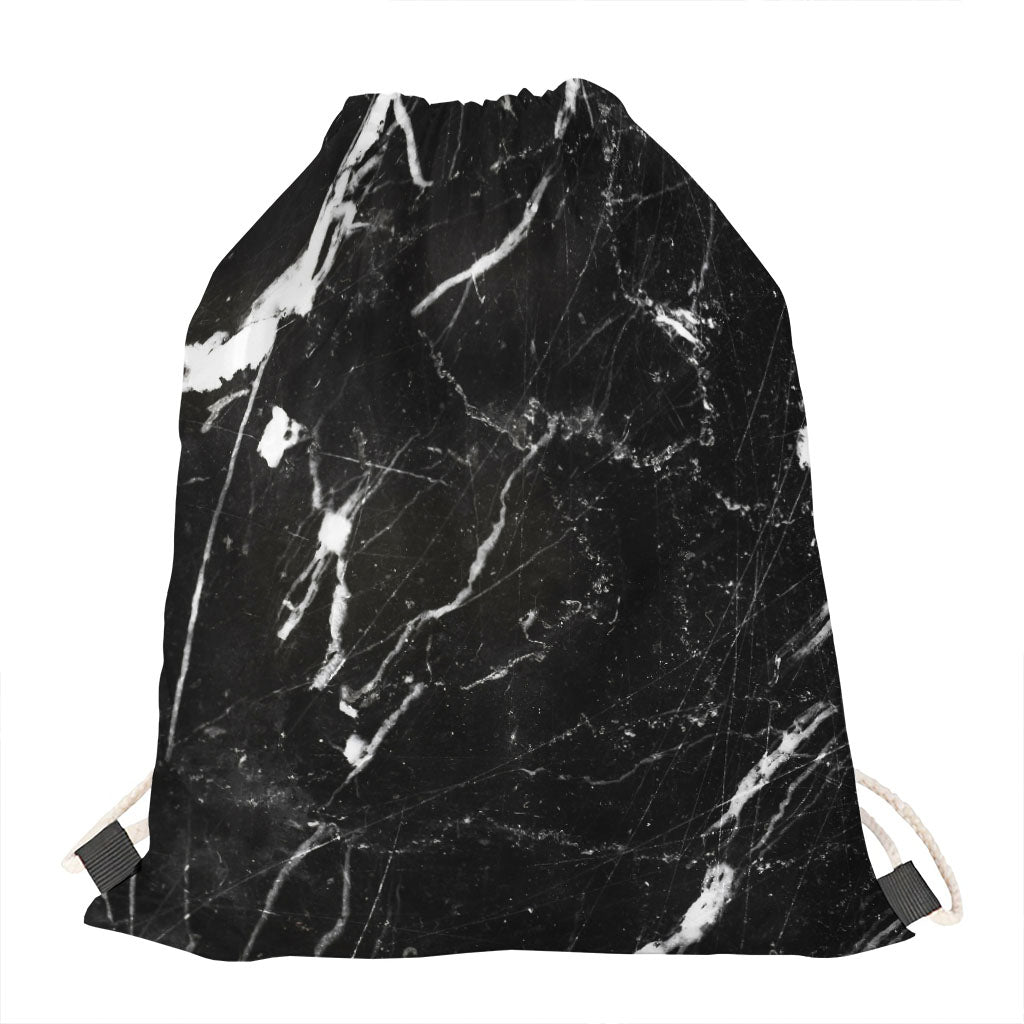 Black White Scratch Marble Print Drawstring Bag