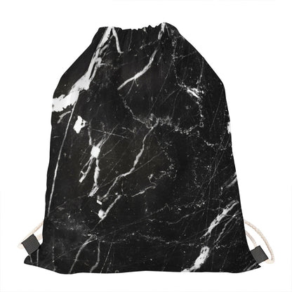 Black White Scratch Marble Print Drawstring Bag