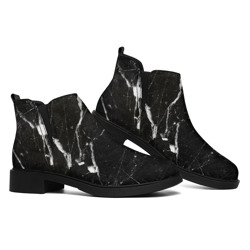 Black White Scratch Marble Print Flat Ankle Boots