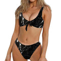 Black White Scratch Marble Print Front Bow Tie Bikini
