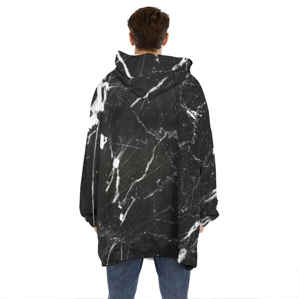 Black White Scratch Marble Print Hoodie Blanket