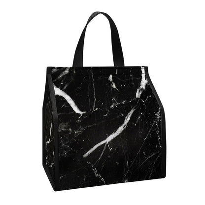 Black White Scratch Marble Print Insulated Lunch Tote