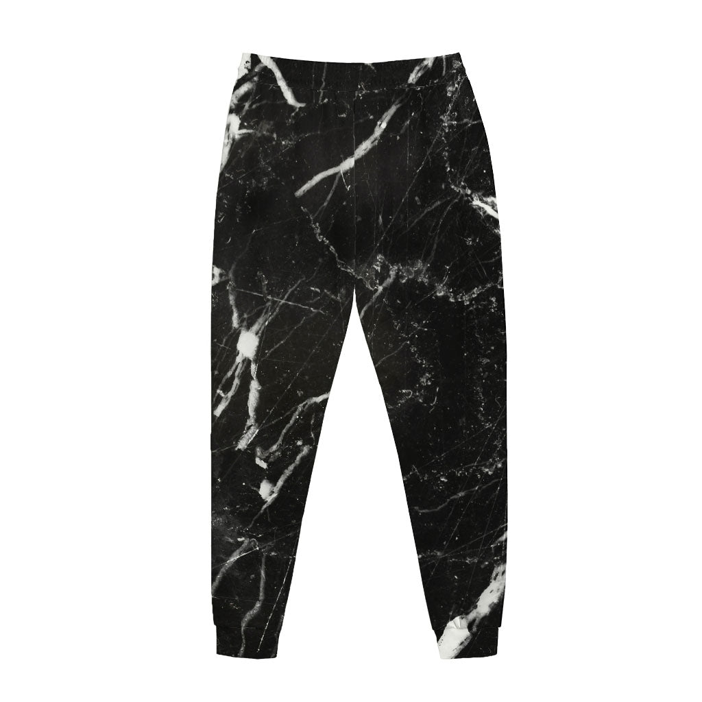 Black White Scratch Marble Print Jogger Pants