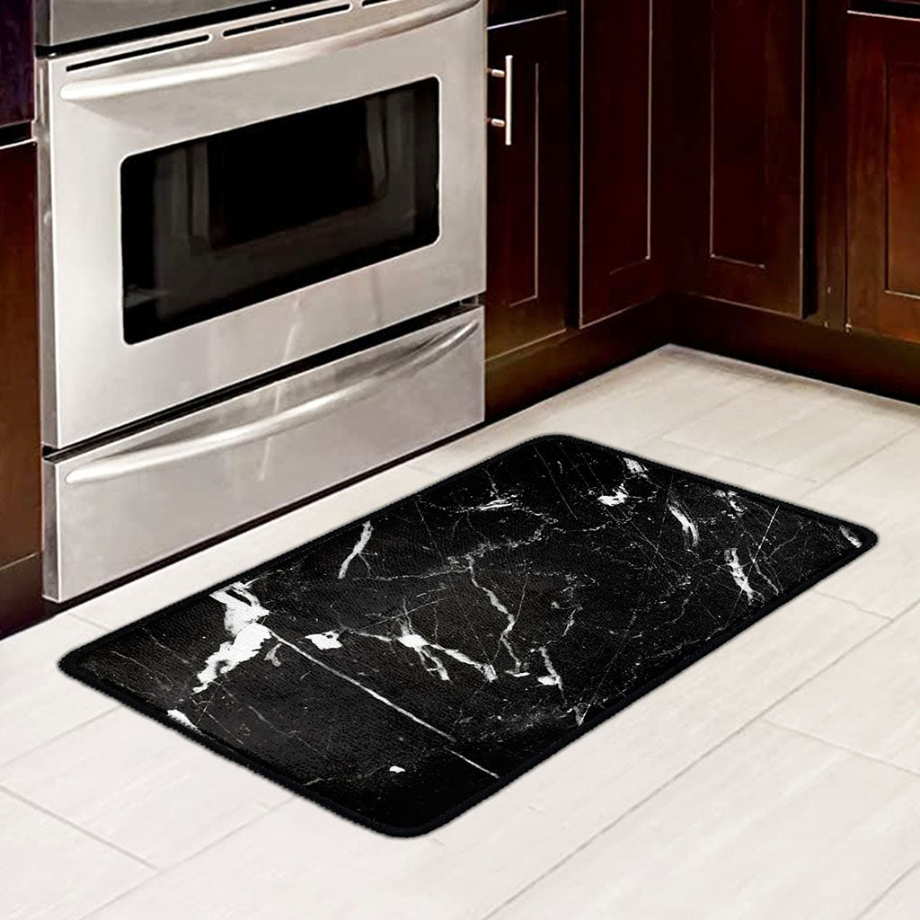 Black White Scratch Marble Print Kitchen Mat