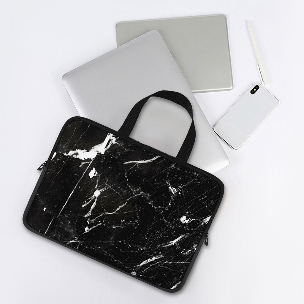 Black White Scratch Marble Print Laptop Sleeve With Handle