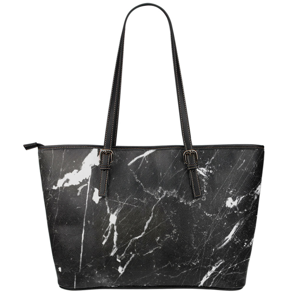 Black White Scratch Marble Print Leather Tote Bag