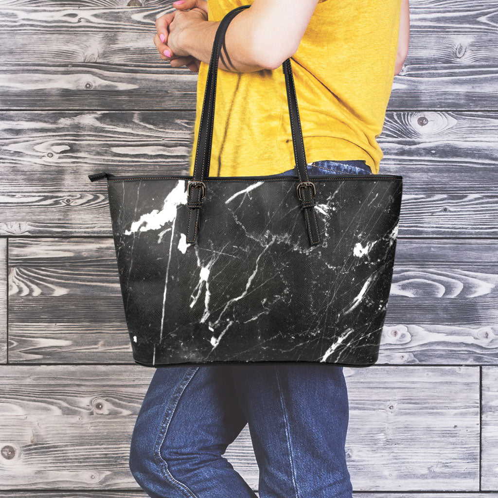 Black White Scratch Marble Print Leather Tote Bag