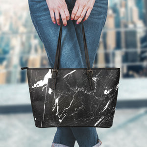 Black White Scratch Marble Print Leather Tote Bag