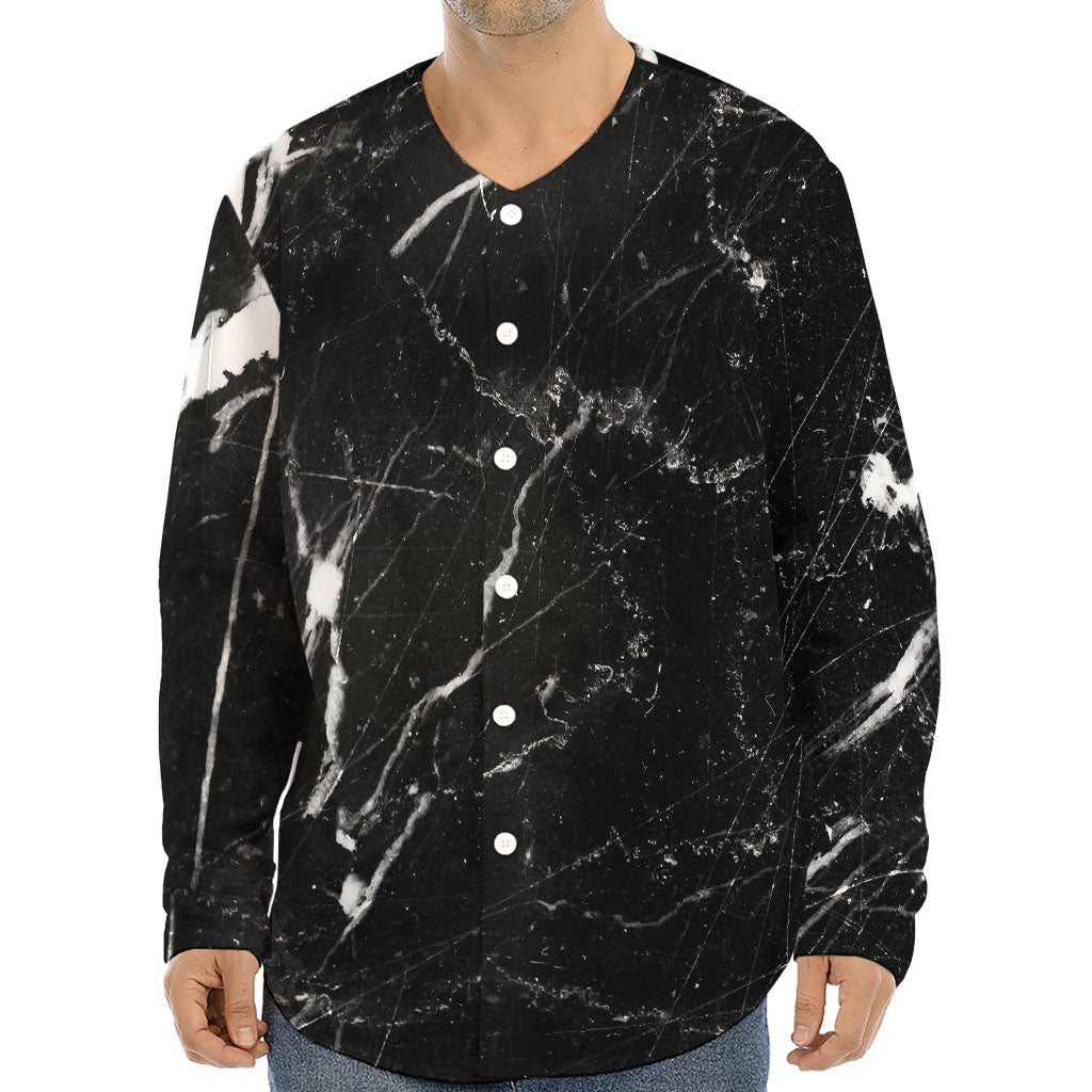 Black White Scratch Marble Print Long Sleeve Baseball Jersey