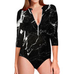 Black White Scratch Marble Print Long Sleeve Swimsuit